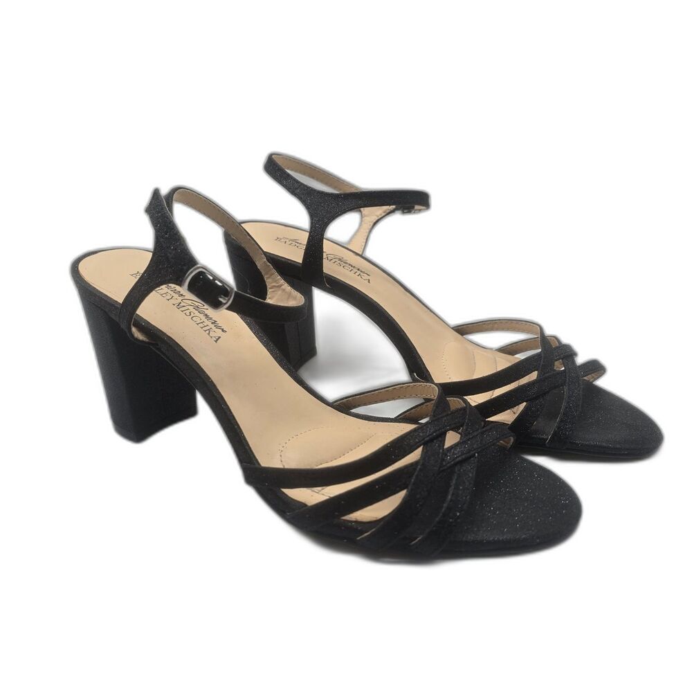 Badgley Mischka American Glamour Platform Heels 7.5 Strappy Black Sparkle